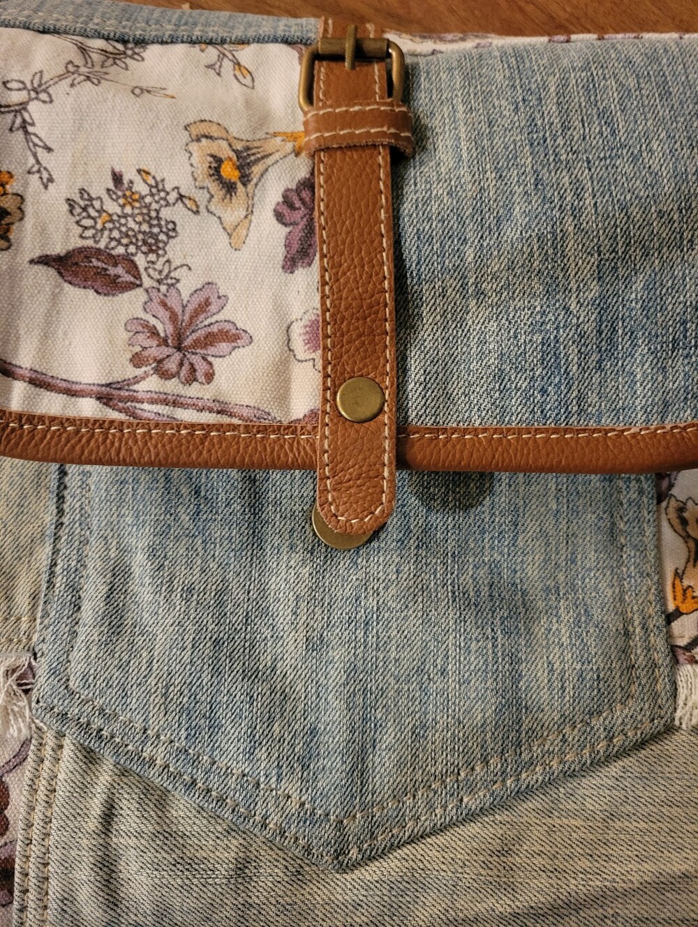 Myra Bag NWT Floral and Denim Canvas Medium Backpack Brown Leather Trim - Picture 10 of 12